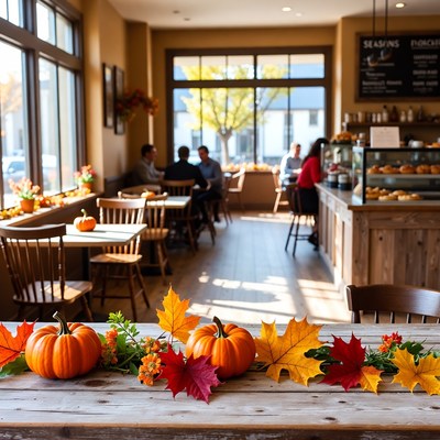 Autumn decor in cafe setting with visitors
