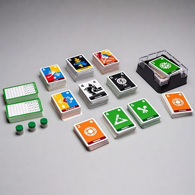 Card game setup with player boards and tokens