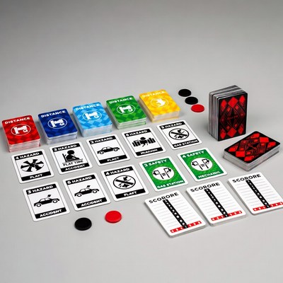 Card game setup with various items displayed