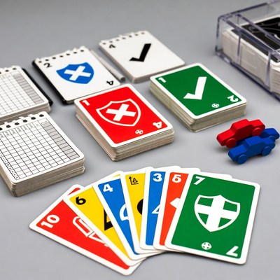 Card game setup on table with vehicles