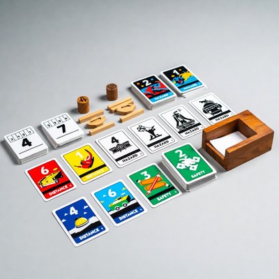 Game cards and pieces on tabletop