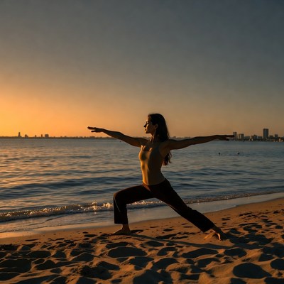 Yoga pose at sunset by the beach