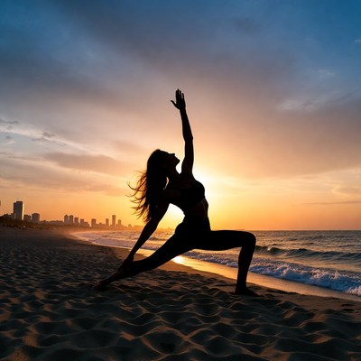 Woman practicing yoga on beach at sunset