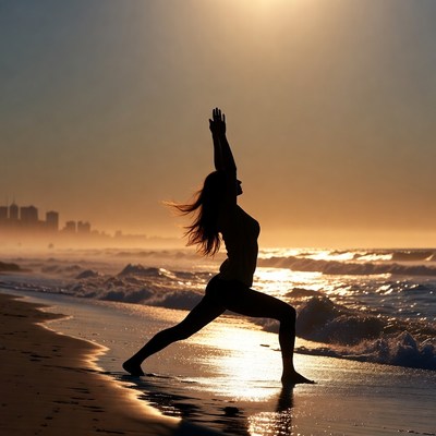 Woman practicing yoga on beach at sunset