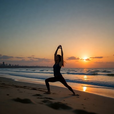 Yoga practice at sunset by the beach