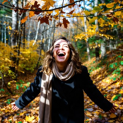 Joyful woman in autumn forest