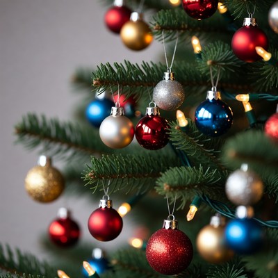 Colorful ornaments on christmas tree