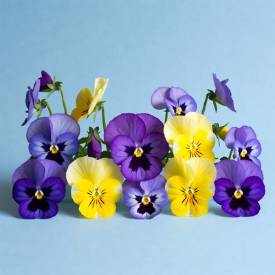Colorful pansy flowers on blue