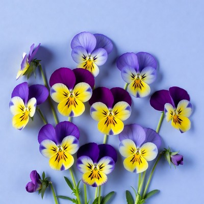 Purple and yellow flowers on blue background