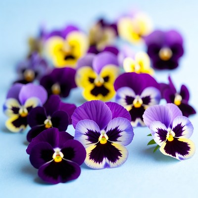 Pansy flowers spread across blue background