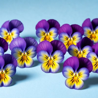 Colorful pansies on blue surface