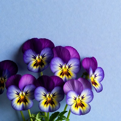 Bright purple pansies on blue backdrop