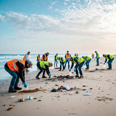 Volunteers clean beach during daylight