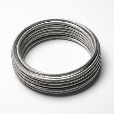Coil of steel wire on white surface