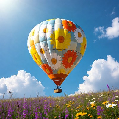 Hot air balloon floats over flowers
