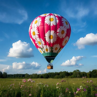 Hot air balloon flies over green field