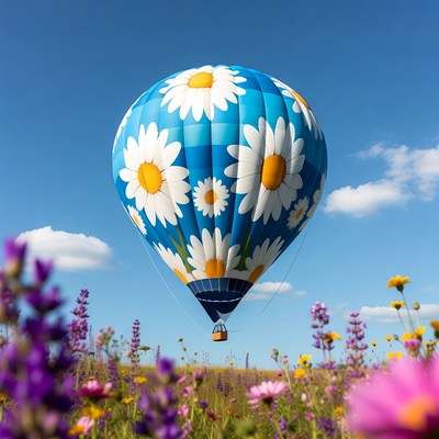 Colorful balloon over flower field