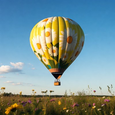 Hot air balloon flies over a field