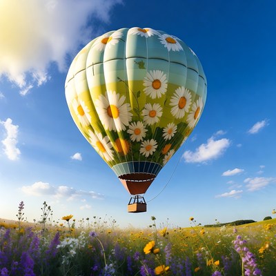 Hot air balloon over wildflowers in spring