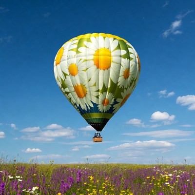 Hot air balloon over flower field