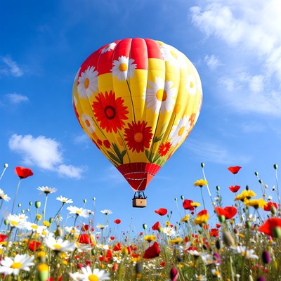 Hot air balloon above flowers in spring