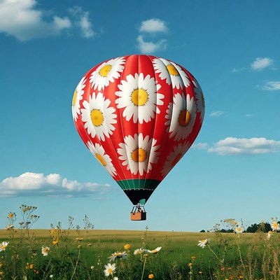 Hot air balloon flying over field