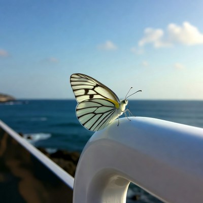 Butterfly on railing by the sea