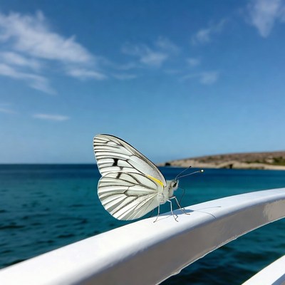 Butterfly resting on railing by ocean