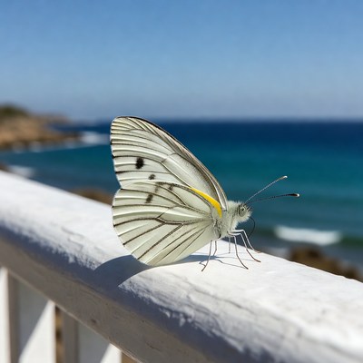 Butterfly on railing near ocean