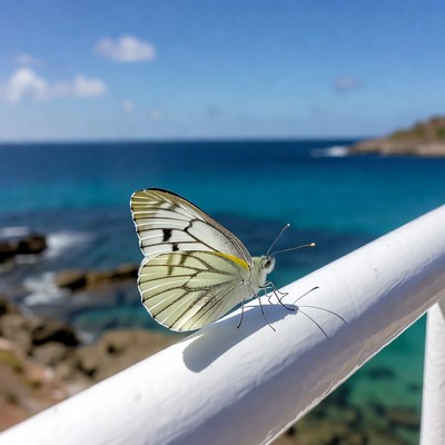 Butterfly resting near ocean