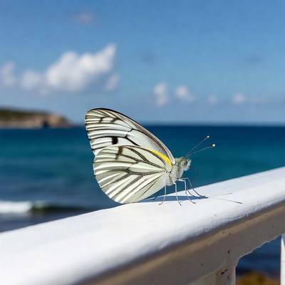 Butterfly on railing by the sea