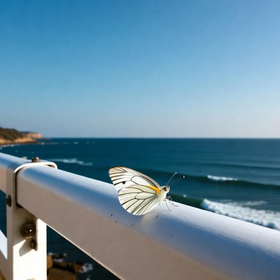 Butterfly on railing by the ocean