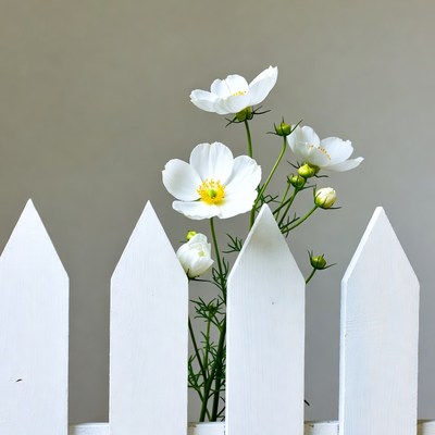 Flowers behind a white fence