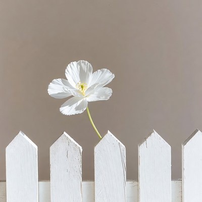 White flower grows by fence