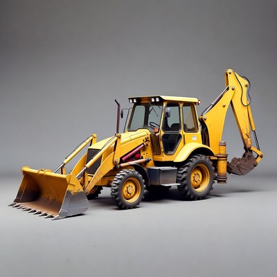 Yellow backhoe loader on grey background