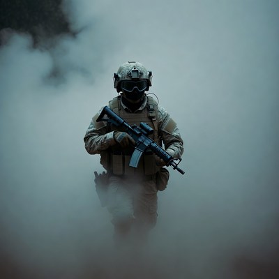 Soldier advances through smoke plume