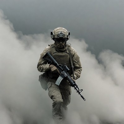 Soldier advances through smoke cloud