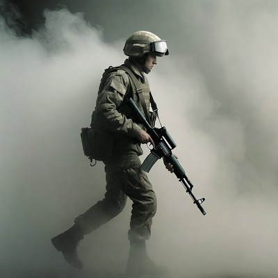 Soldier moves through smoke and fog