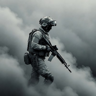 Soldier walking through smoke