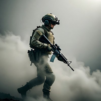 Soldier walking through smoke