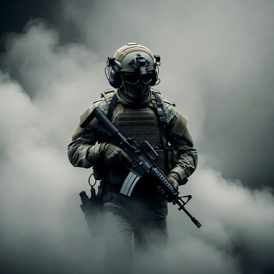 Soldier in smoke at night