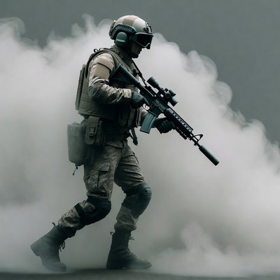 Soldier walks through smoke cloud