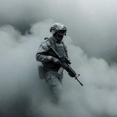 Soldier walks through smoke
