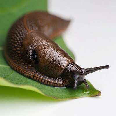 Brown slug crawling on green leaf