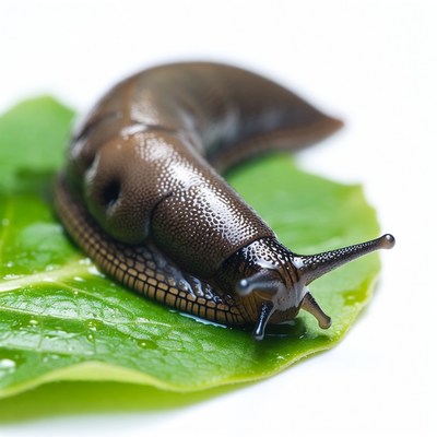Snail on green leaf in close-up