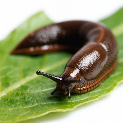 Brown slug on green leaf