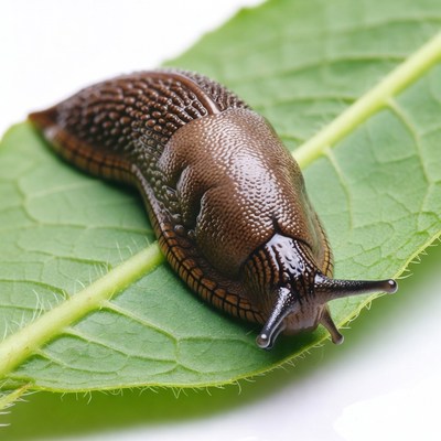 Slug crawling on a green leaf