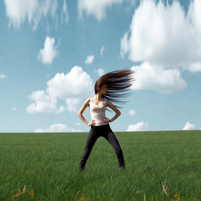 Woman stands in green field