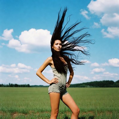 Woman standing in field with flowing hair