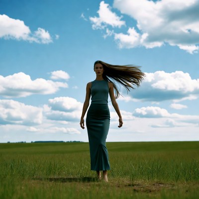 Woman walks in green field under blue sky